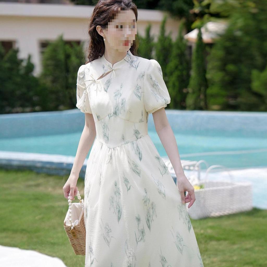 Women's Summer Qipao Dress: Chinese-Inspired Floral Print, Waist-Cinching, Puff Sleeves, Zipper, Mid-Length A-Line