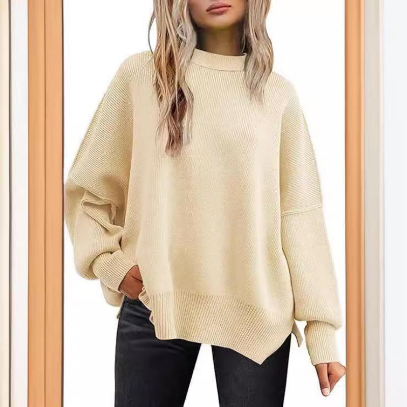 Women's Oversized Batwing Sweaters 2025 Fall Outfits Trendy Crewneck Knit Side Slit Fashion Pullover Tops