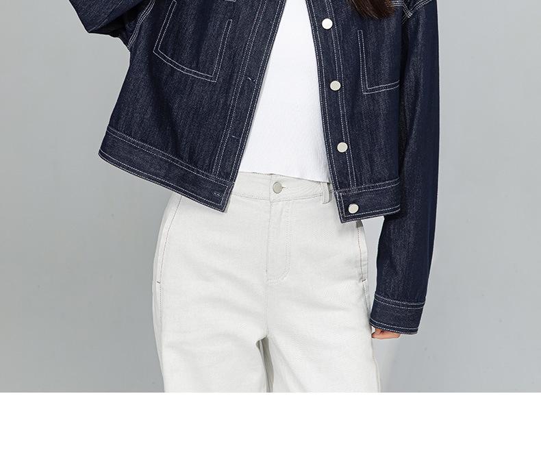 Xin Ge Women's Retro Washed Denim Jacket - Spring Arrival featuring Color Blocking, Contrast Stitching, and Loose Fit Lapel Design.