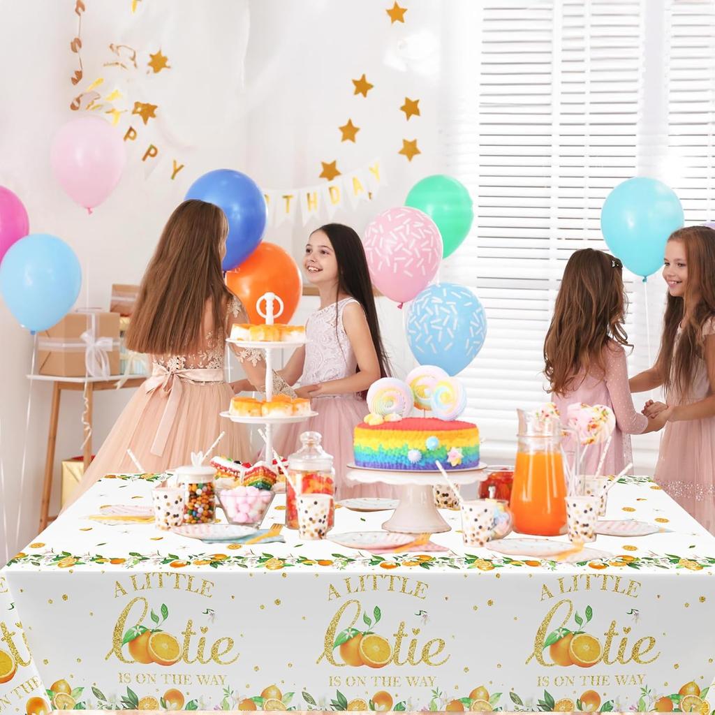 3 Pcs Little Cutie Tablecloth, 54 * 108 Inch Orange Tablecloth, Fruit Plastic Tablecover for Boys and Girls Birthday Party, A Little Cutie is on The