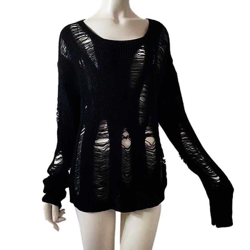 Black Hole Hollow Sweater Irregular Design Long Pullover Loose Casual Women's Punk Top American Spicy Girl Streetwear