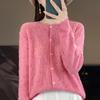 Women's Round Neck Long Sleeve Wool Cardigan - Hollow Jacquard Knit Sweater Jacket