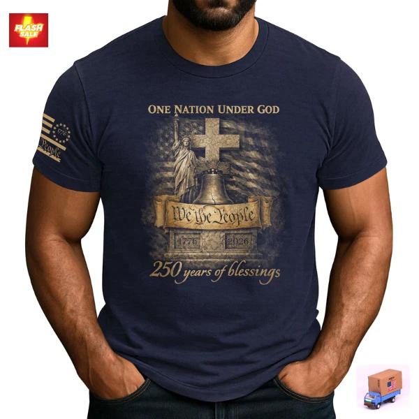 

250 Years of Blessings 1776-2026 Patriotic Christian USA Flag T-Shirt S
