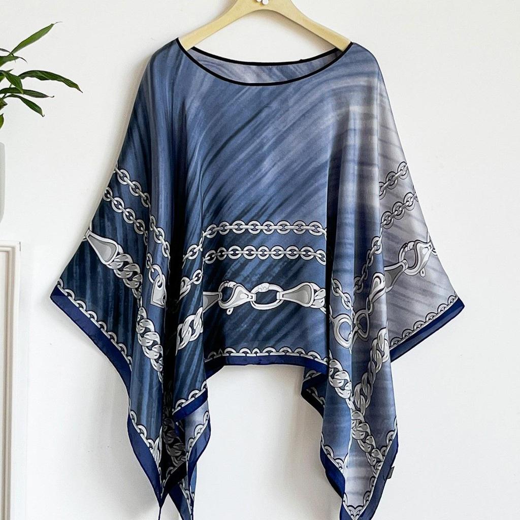 Women's Retro Ethnic Silk Scarf with Frog Button Shawl for Sun Protection