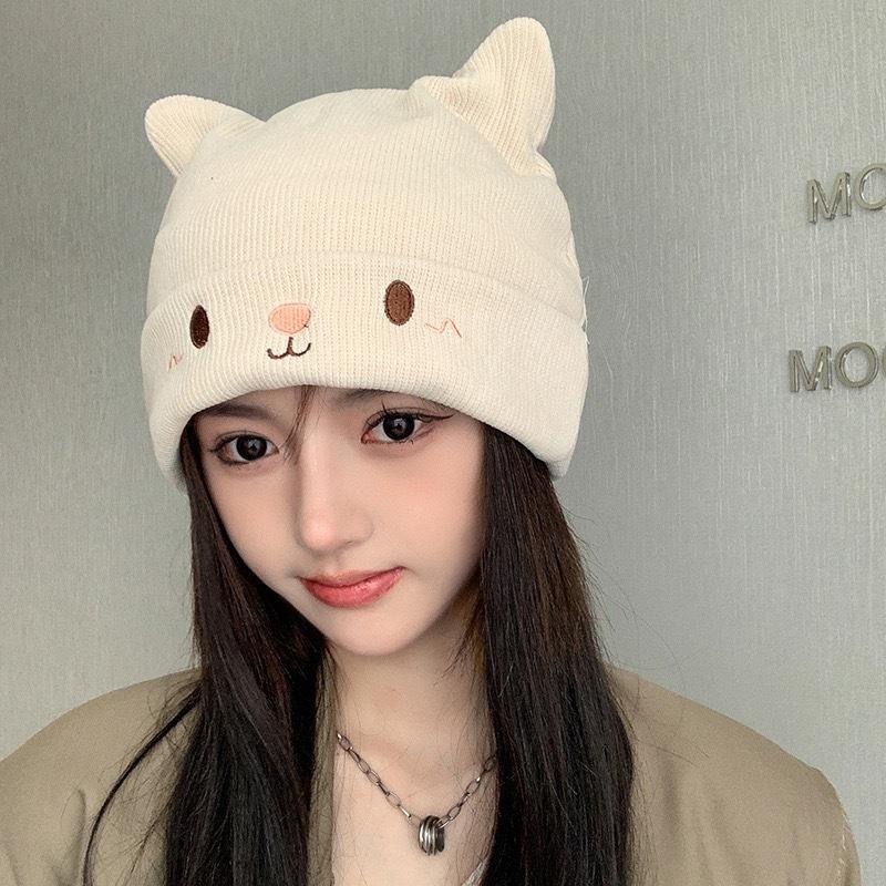 Gestrickte Wollmütze Damen Herbst und Winter Cartoon niedliche Hasenohrmütze Stapelmütze warme Mütze Kältemütze