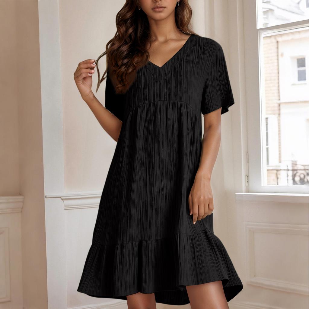 Ladies' Casual And Fashionable Solid Color Dress, Loose Short Sleeved Waist Cinched Dress