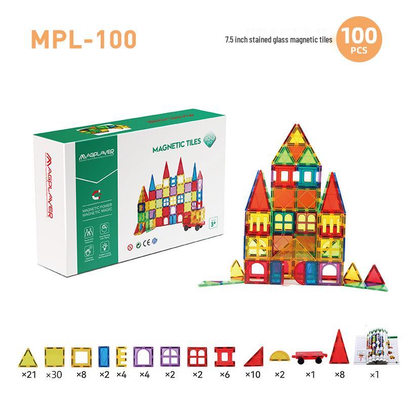 Cross-Border Magnetic Tiles: Colorful Large Window Building Blocks with Pipe Rolling Ball for Kids