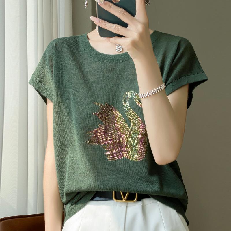 IHUASU Summer Women's Knitwear Cotton Bamboo Hemp Short-sleeved Tops Women's T-shirt Women's O-neck Rhinestone Swan
