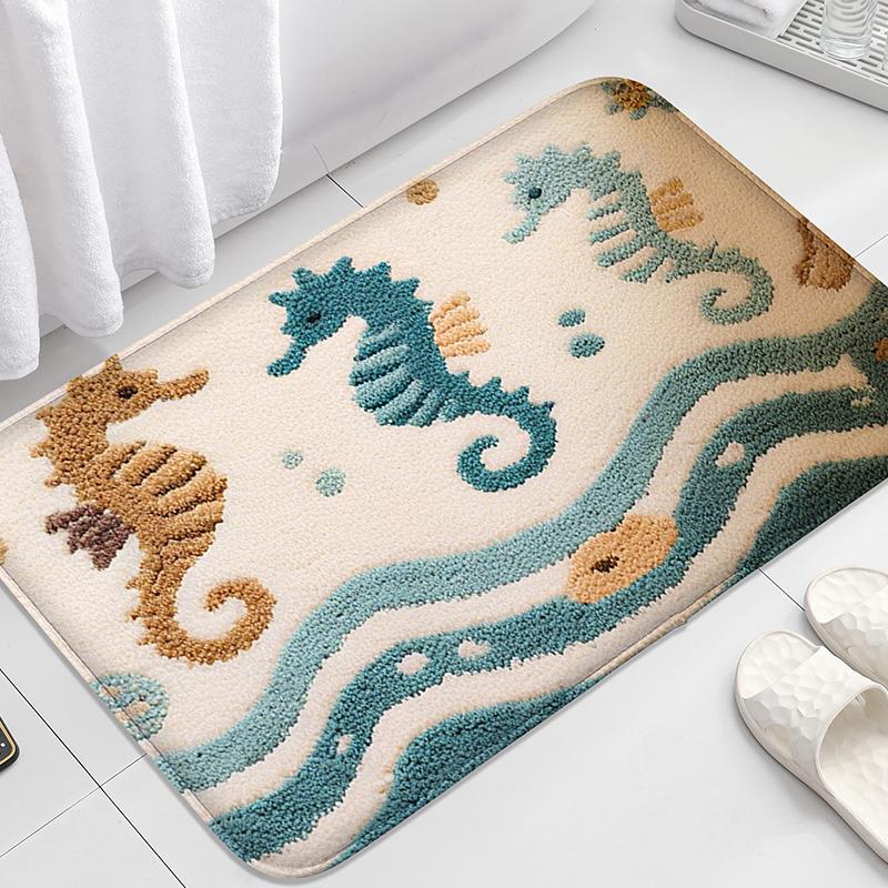 Wave Seahorse Pattern Bathroom Door Mat, Water Absorbent Small Carpet, Toilet Seat Mat, Decorative Floor Mat, Machine Washable