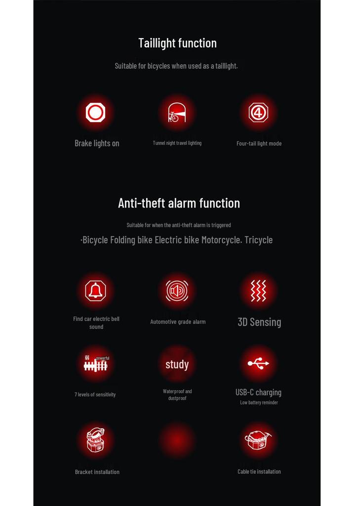 Smart Rechargeable Wireless LED Bike Tail Light with Anti-theft Alarm