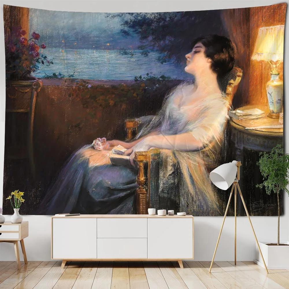 Vintage Oil Painting Art Printing Tapestry Wall Decoration Art Room Background Cloth Aesthetic Home Decoration Accessories