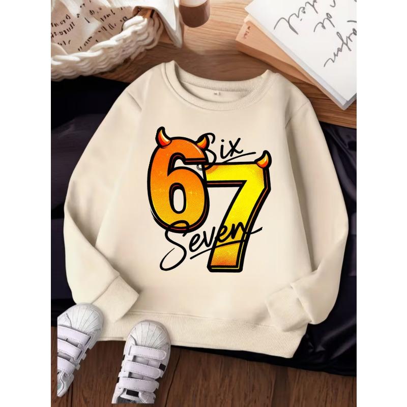 Kids Unisex Crewneck Sweatshirt, Cartoon Devil Horn 67 Six Seven Print Long Sleeve Pullover, Soft Casual Sweatshirt for Boys Girls Over 4 Years Old