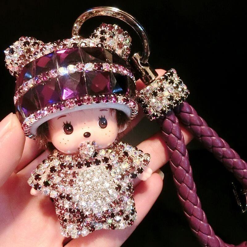 Cute Cartoon Furry Crystal Keychain Monkey Style Key Ring For Girls