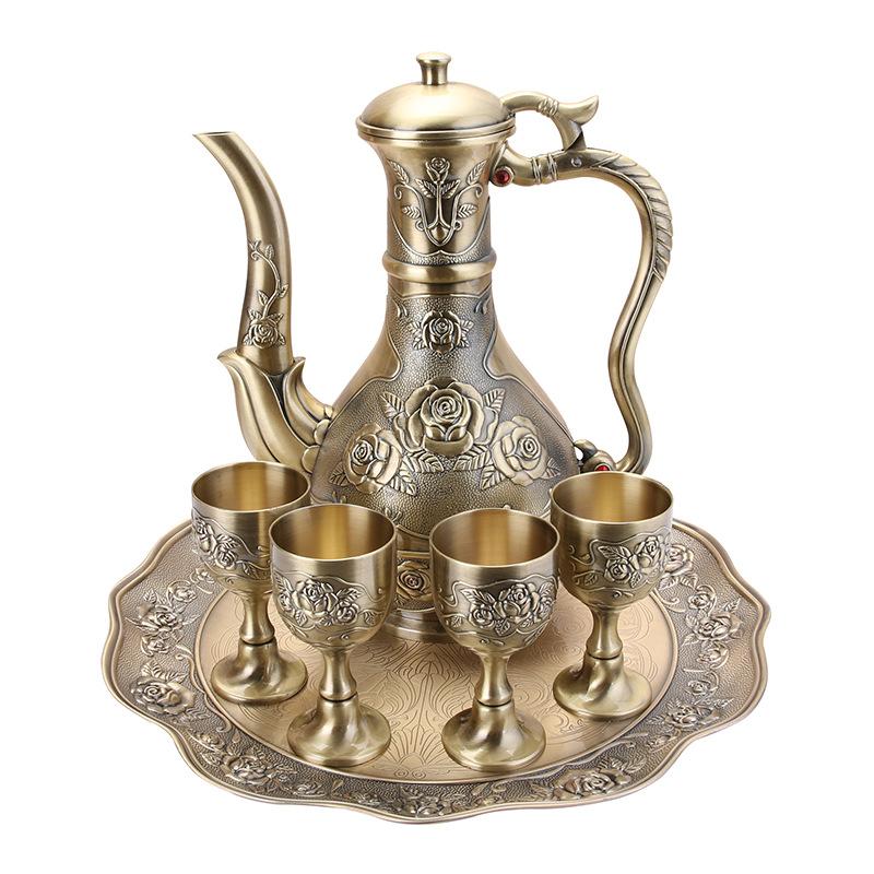 Baijiu cup set, household wine set, small wine glass, European metal wine jug,  dispenser, high-end ornament