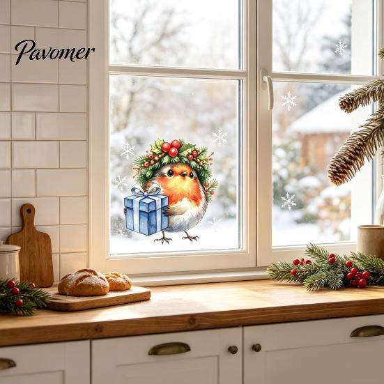 Glass Door Decorative Scenes Christmas Bird Static Window Sticker, Cute Watercolor Stickers with Wreath And Gift Box, PVC Festival Atmosphere