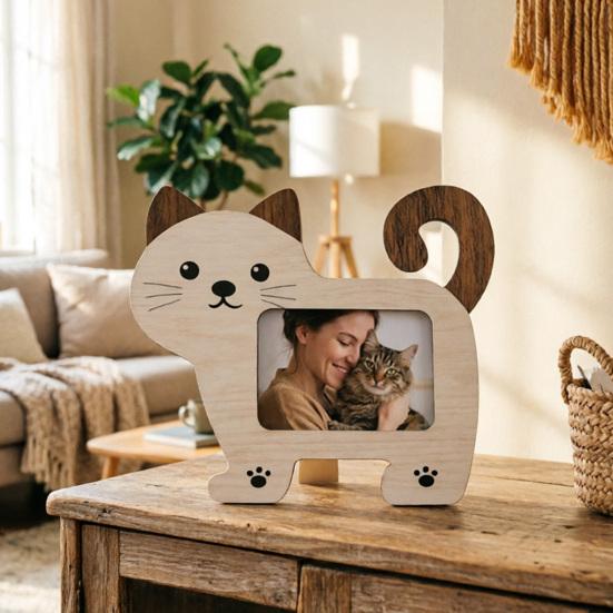 1/2 Stück Cartoon Katze Holz Fotorahmen Hund Form Bildhalter Dekoration für Zuhause Büro Schreibtisch Tierliebhaber Geschenk