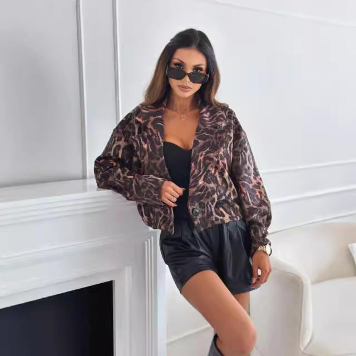 

Fall Winter Women s Leopard Print One-button Long Sleeve Cropped Blazer Outerwear S
