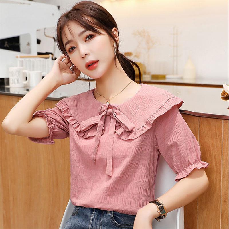 Ladies Short Sleeve Doll Collar Thin Shirt Sweet Bow Top Western Chiffon Shirt