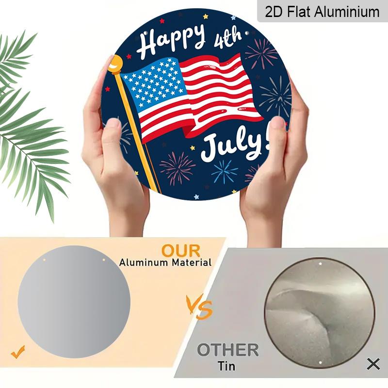 2D Flat 1pc, 8x8 In, Happy Fourth of July Round Aluminum Metal Sign, Fireworks & Stars Design, Inspired Wall Art for Living Room, Bedroom, Porch