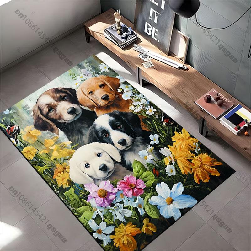 Puppies surrounded by colorful flowers carpet Yoga living room room decor children's crawling mat doormat area rug games mat