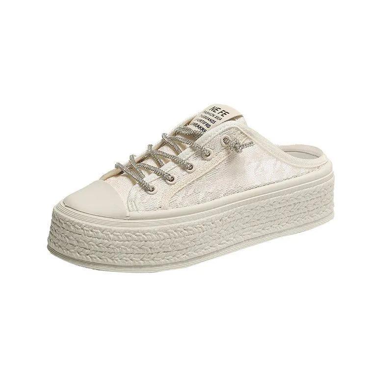 Summer Closed Toe Half Slippers for Women Wear Mesh Heel-Free Lazy Canvas Shoes Casual Sandals