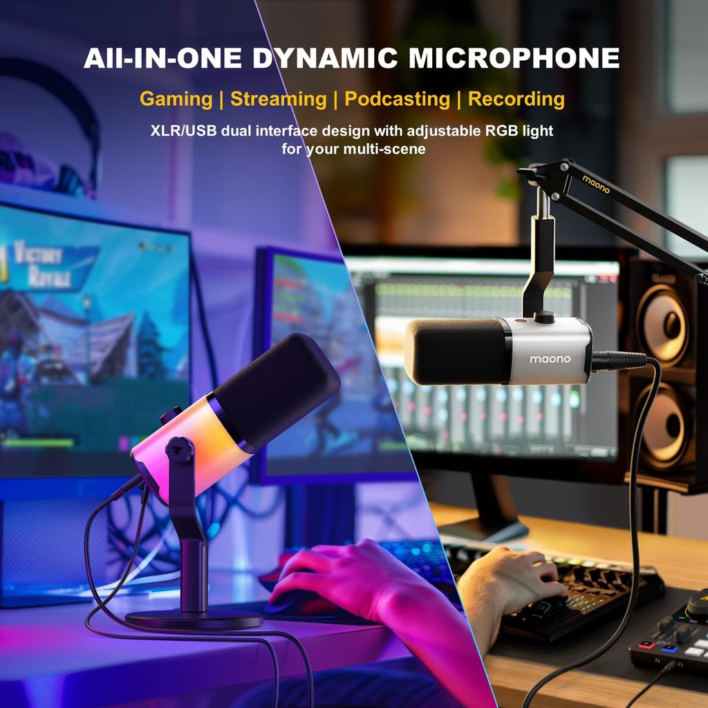 MAONO PD100X RGB Gaming with Mute for PC YouTube Voice Live and Game Commentary XLR/USB Microphone, Noise-Canceling, Dynamic, Unidirectional, Button,