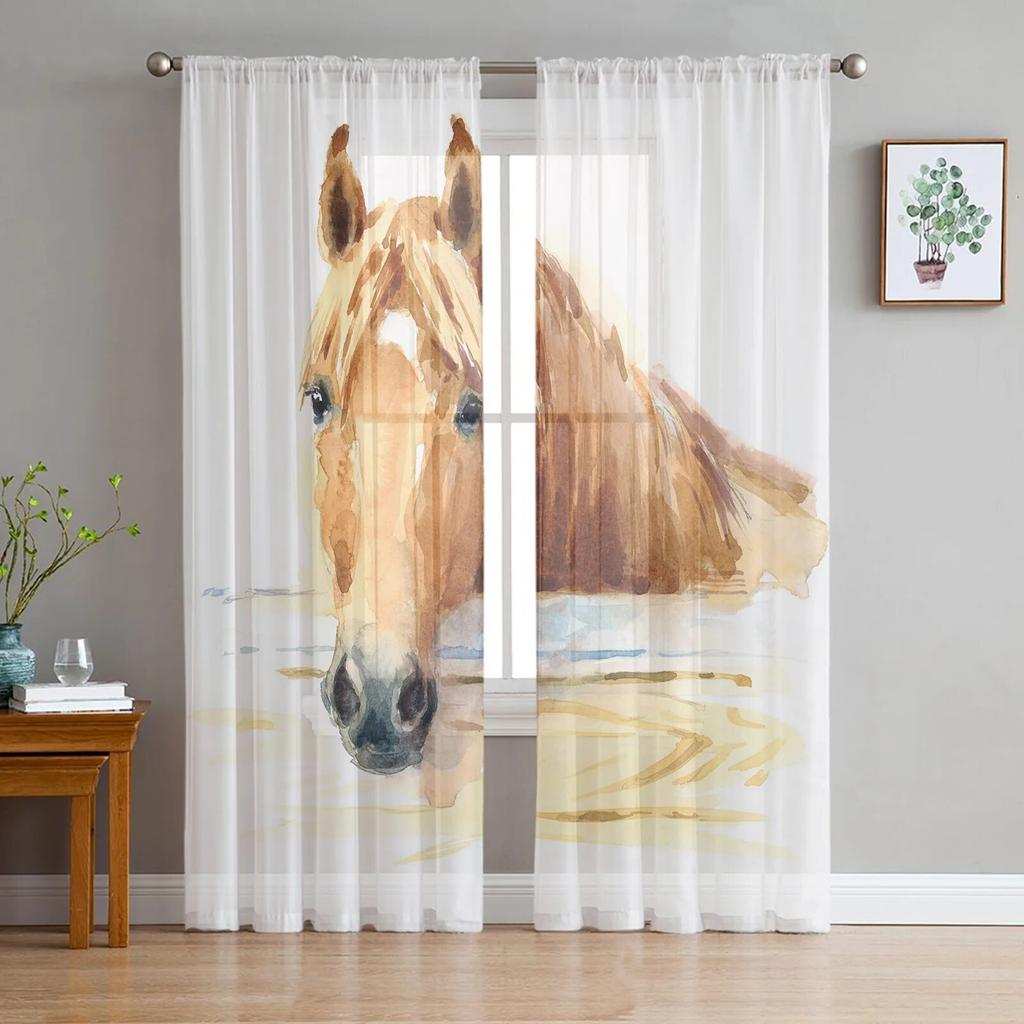 Black White Horse Watercolor Painting Modern Tulle Curtains for Living Room Bedroom Home Kitchen Window Sheer Curtains