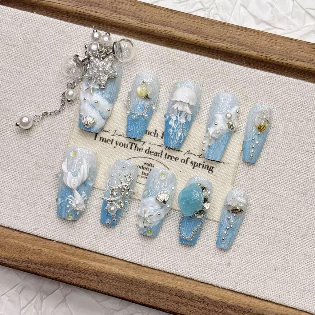 Blue Ocean Silver Tassel Luxury Medium-Length Pointed Nails - Handmade & Wearable