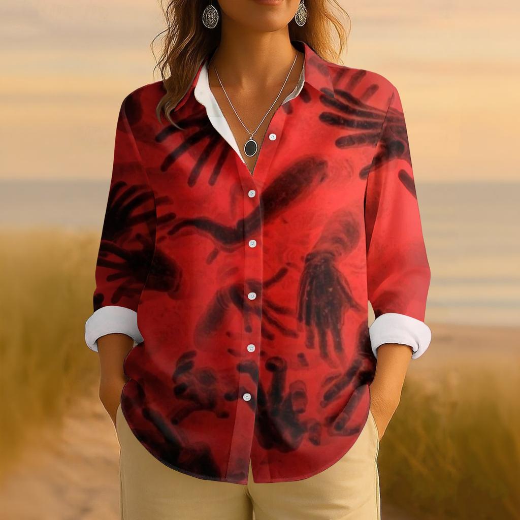 Women's Retro Halloween Printed Button Up Long Sleeved Casual Regular Shirt Collar Top