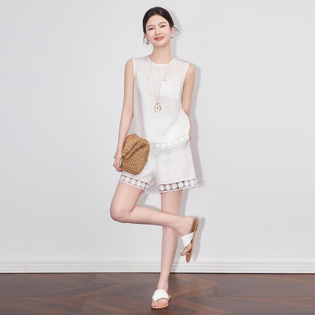 Linen Sleeveless Lace Top & 3D Embroidered Sunflower Shorts Set for Women