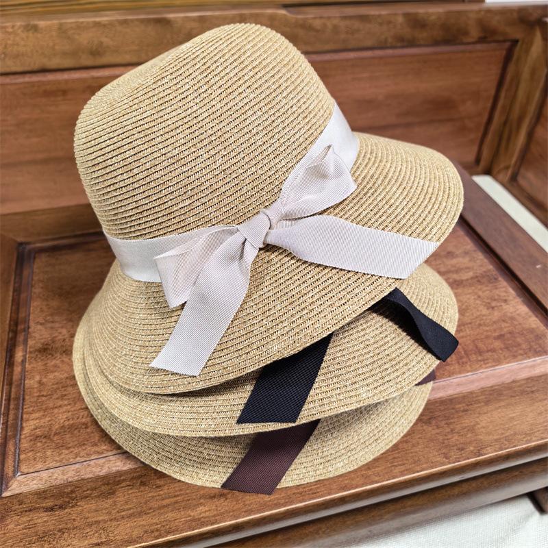 Hat schoolgirl tide bucket hat breathable straw pot hat foldable sun hat sunscreen top hat bow