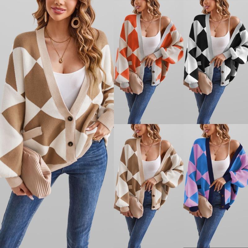 Women S V Neck Lantern Sleeve Loose Knit Cardigan Sweater Autumn Winter