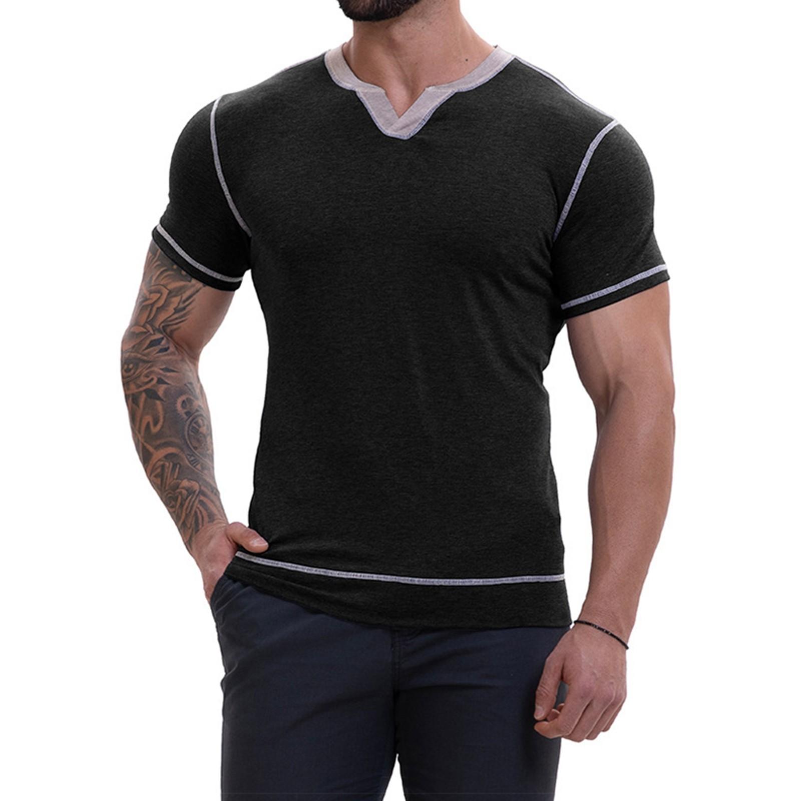 Мужские весенние однотонные топы с V-образным вырезом в стиле ретро с коротким рукавом, мужские повседневные модные топы L чёрный