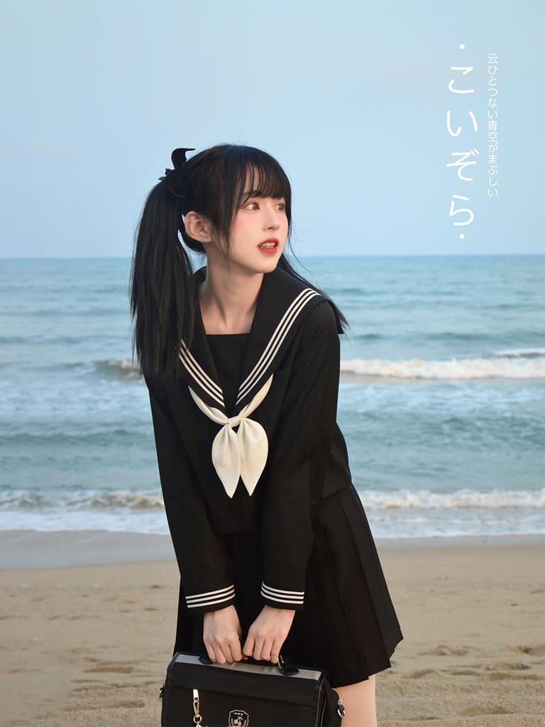 Sailor Authentisch Drei Lang Cosplay Plissee Oberteil und Unterteil High Graduation School Goldfischknoten [YAISHN] Uniform, Uniform, Schwarz, Weiß, Linien,