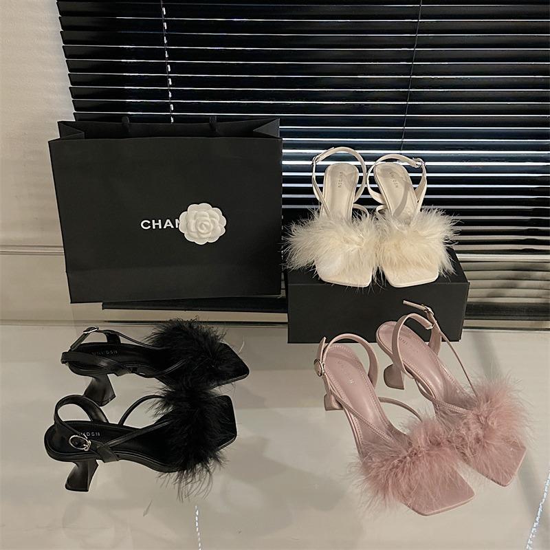 Square Head Thick Heel High Heels Fairy Summer Wear 2025 New Thin Heel Buckle with Mezzanine Toe Feather Sandals
