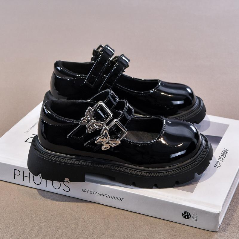 Girls Black Patent Leather Butterfly Decor Mary Jane Thick Sole Shoes 26 чёрный