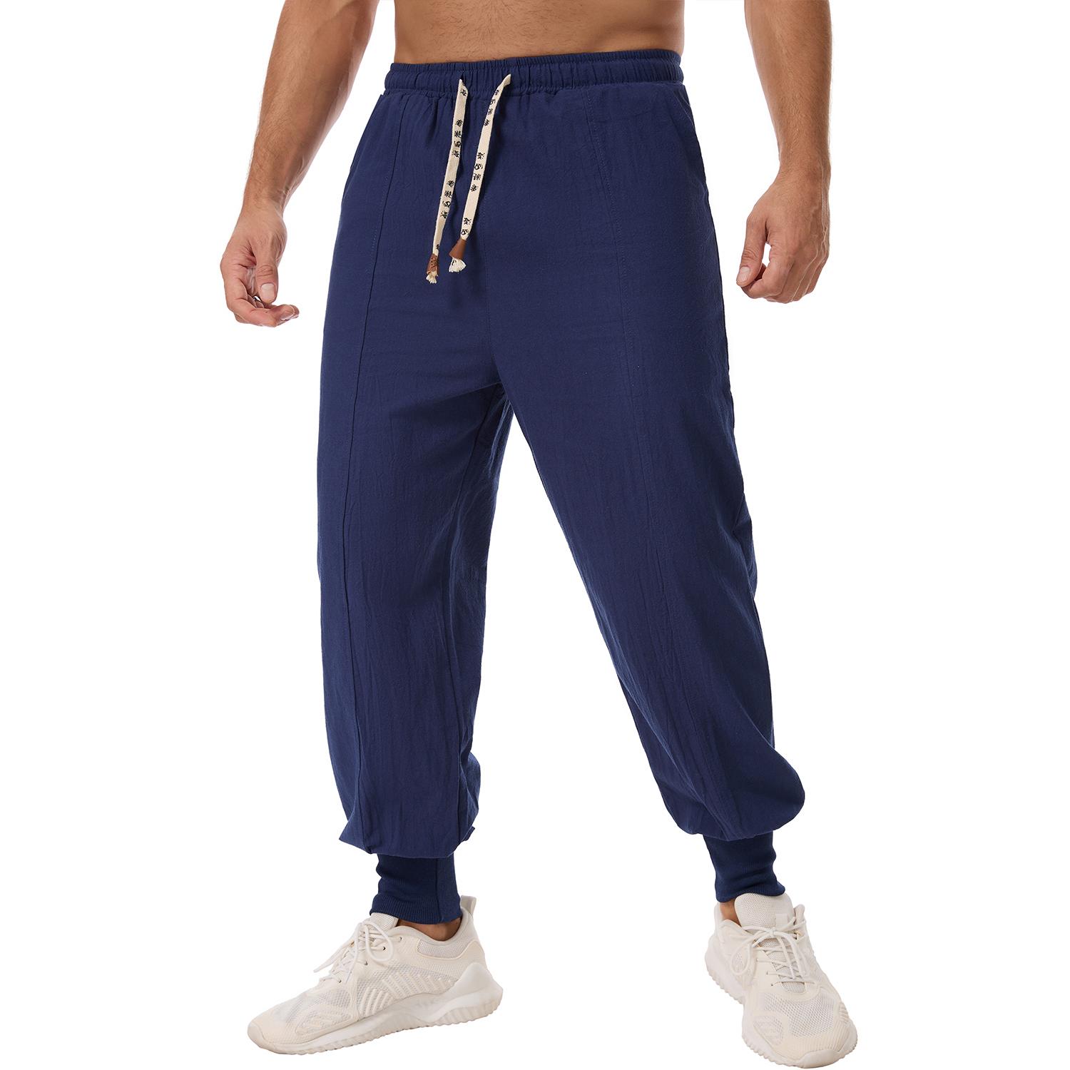 

Men s Linen Blend Harem Pants - Contrast Drawstring Elastic Waist Loose Fit Casual Joggers with Ribbed Cuffs in Navy Blue XXXL темно-синього кольору