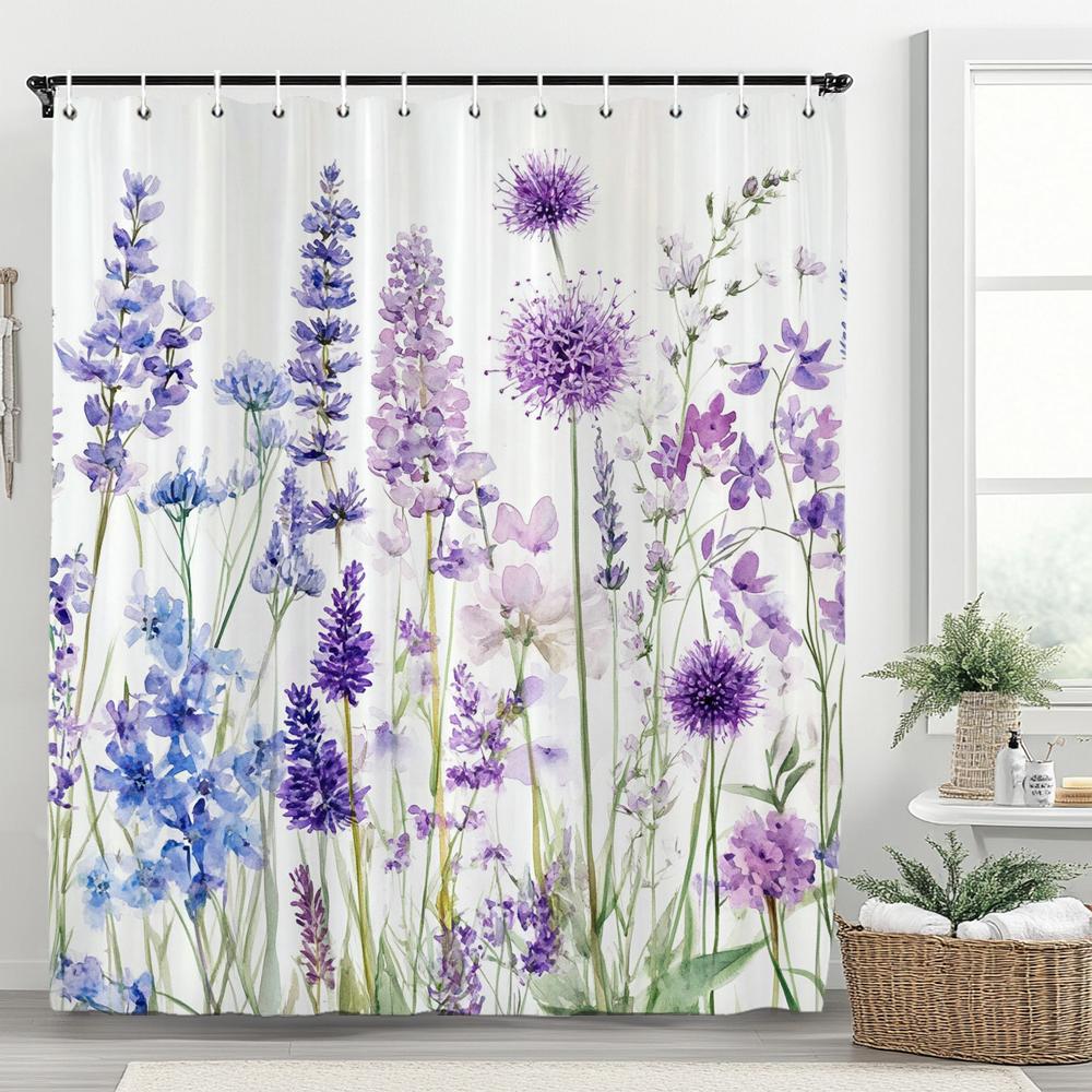 1PC Purple Flowers Shower Curtain,  Watercolor Floral and Plants Bathroom Decorative Curtain,Polyester Home Curtain with Hooks