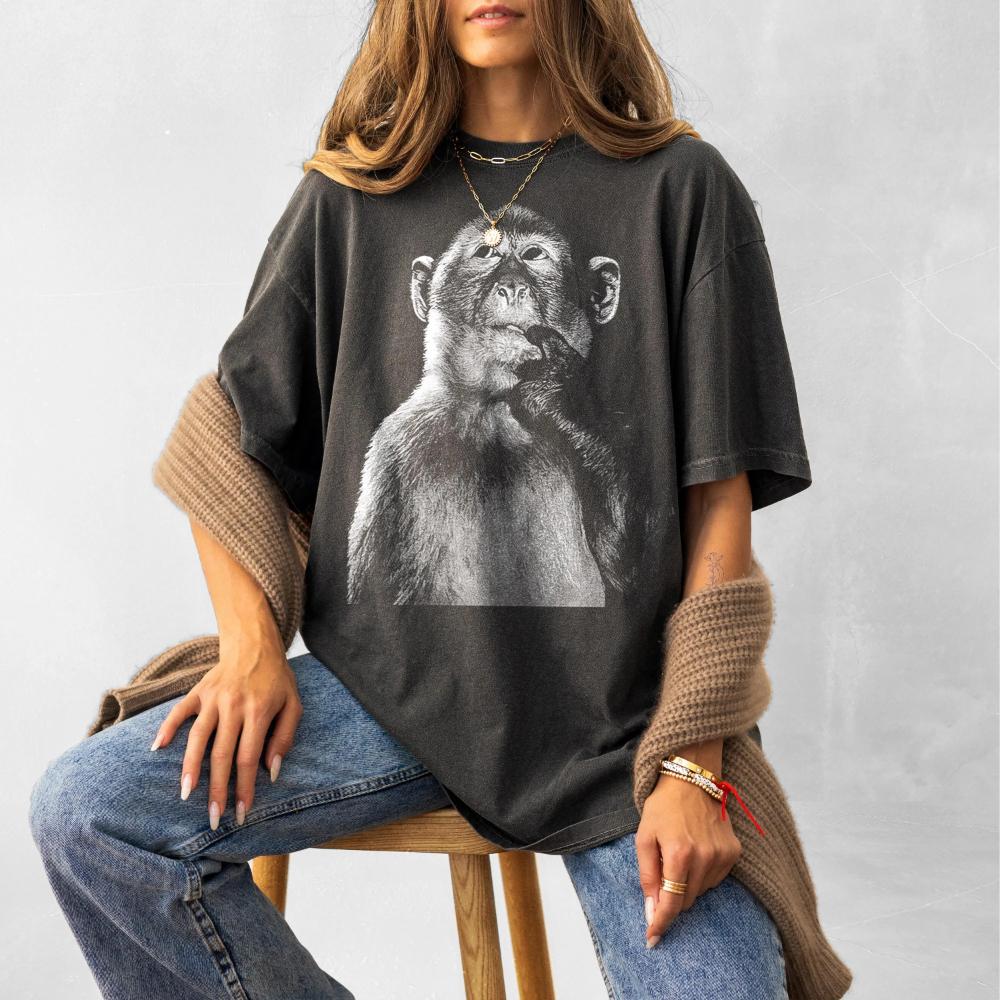 Funny monkey meme Tshirt popular internet meme Tshirt 90s retro curious monkey Tshirt pure cotton unisex streetwear top S