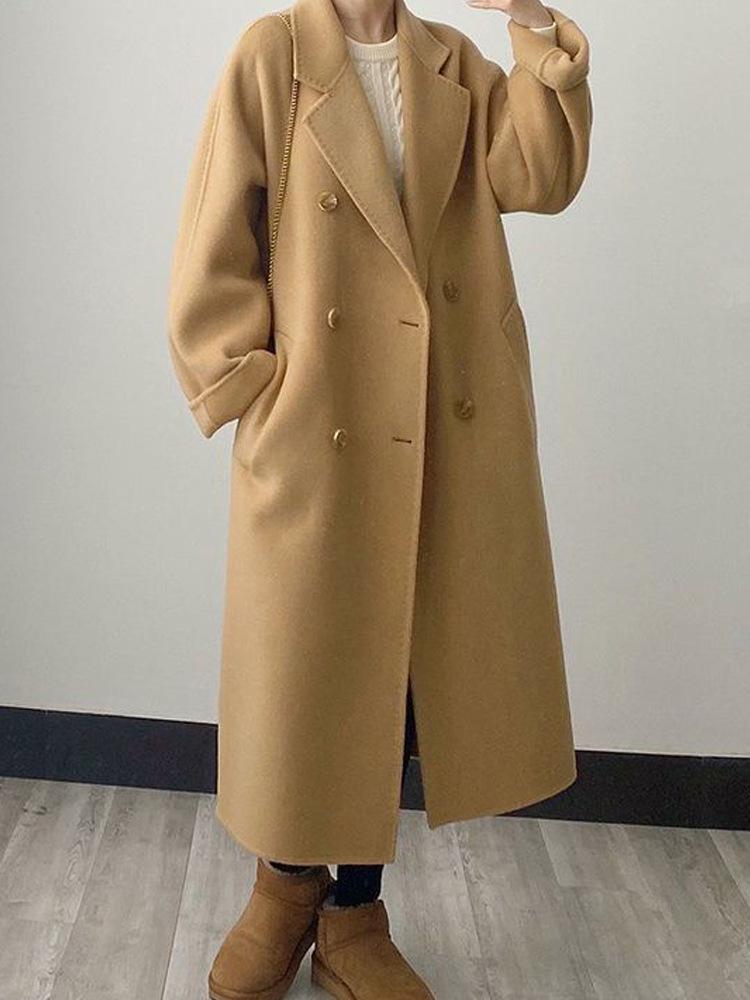 2025 Autumn/Winter Women's Wool Loose Double-Breasted Black Mid-Length Coat, Korean Style.