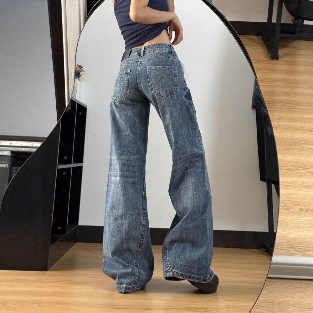 comfortable Large Size Crease Jeans Women Autumn Low Waisted Retro Loose Skinny Straight Dragged Wide Legged Trousers Jeans for Women Long Denim Pants