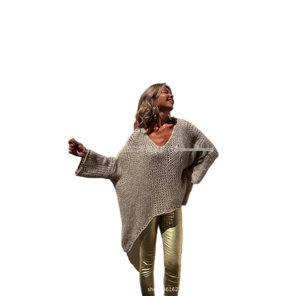 2026 Autumn/Winter Women's V-neck Loose Knit Pullover Sweater - 3 Colors, European/American Fashion Style