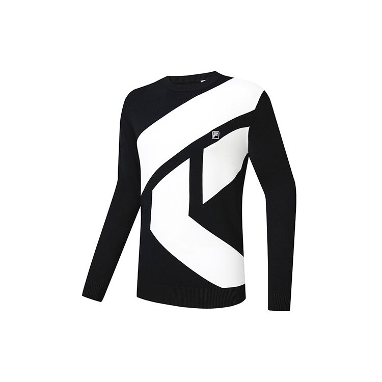 FILA Athletics Logo Print Color Block Golf Sports Crew Neck Pullover Knit American Vintage Long Sleeve T-Shirt Men Tops Deep-Black A11M245404F-BK