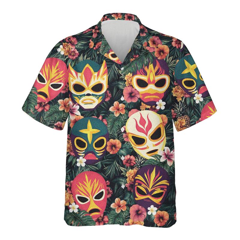 Maglietta da uomo con stampa 3D Maschera da wrestling messicana Lucha Libre Manica corta Collo a revers Top Estiva Street Camicie Hawaiane