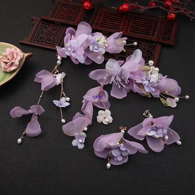 Lila Blumen Haarspangen-Set aus der Song-Dynastie: Antiker Stil Hanfu Kopfschmuck mit langen Quasten für Frauen