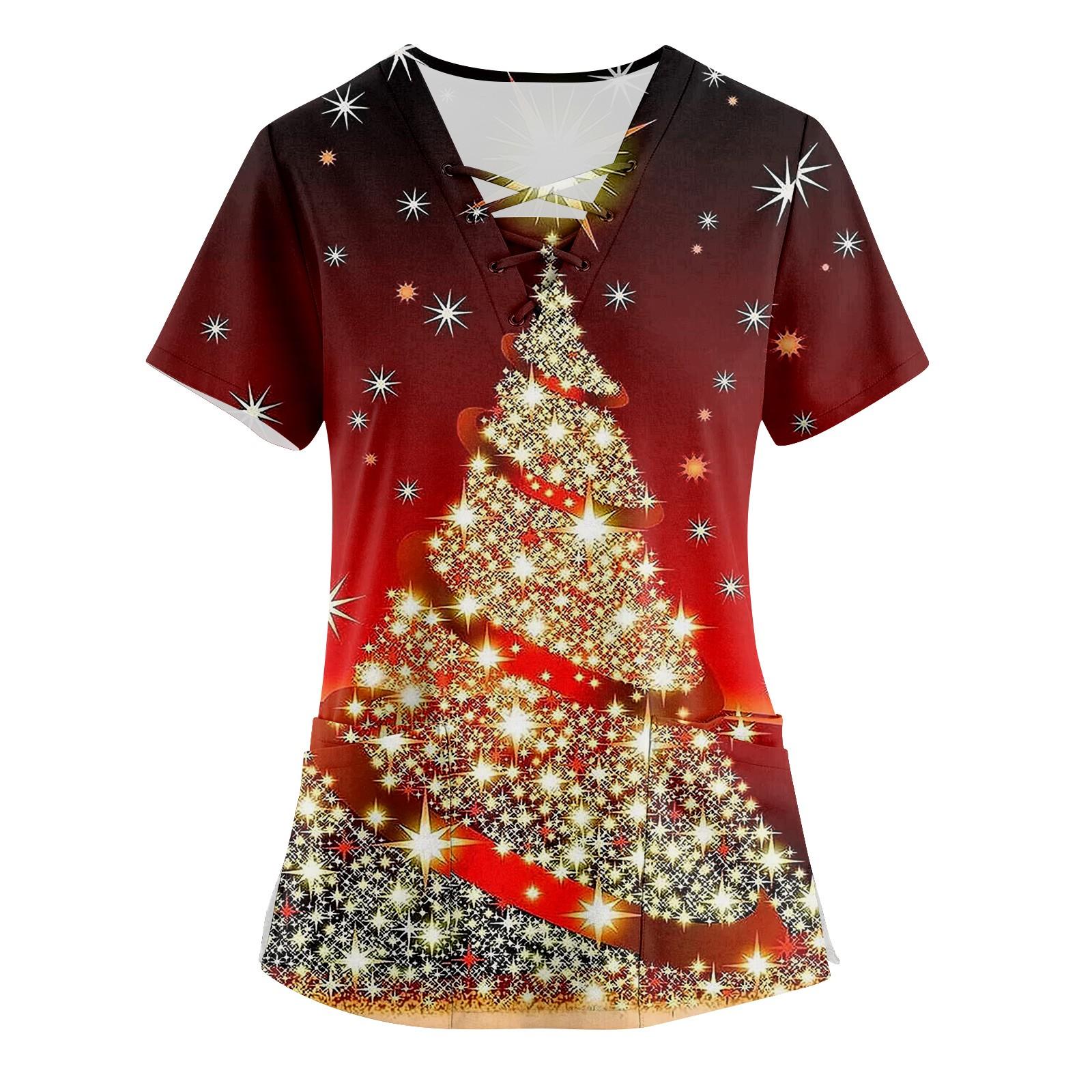 

Женские топы с короткими рукавами и v-образным вырезом с рождественским принтом, рабочая блузка с карманами L красный