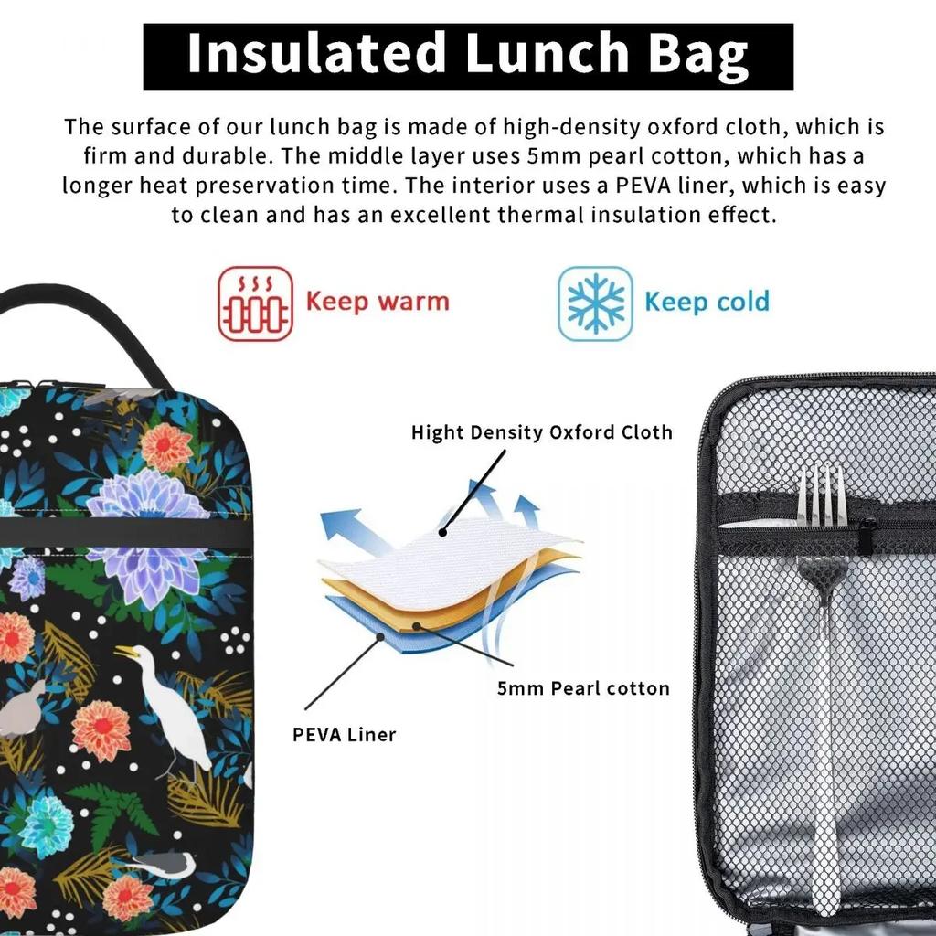 Lunch Bag Tropical Floral Convenient Lunch Box For Child Birds Picnic Cooler Bag Casual Waterproof Tote Food Bags Christmas