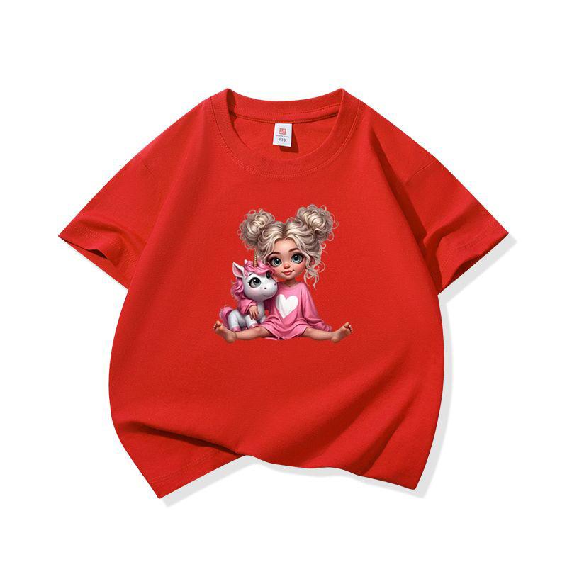 Kids Pure Cotton T Shirt Girl Sitting With Pink Unicorn Print Crew Neck Short Sleeve Tee Casual Boys Girls Summer Tops