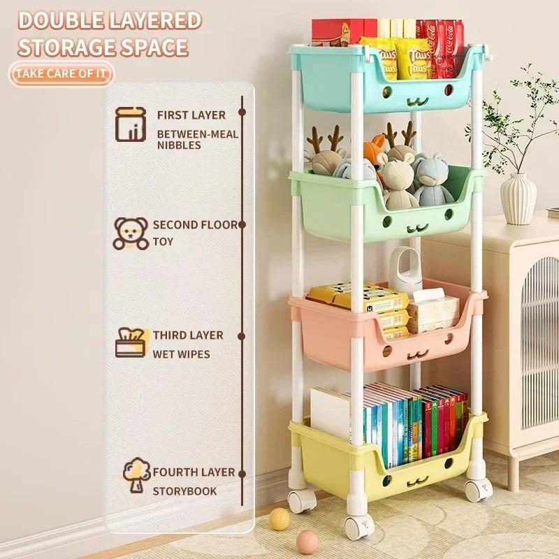 Für Wohnzimmer im Haushalt Mehrschichtiger Cartoon Smiley Beweglicher Wagen Bodenregale Kinderspielzeug Snacks Büchertaschen Organisieren R