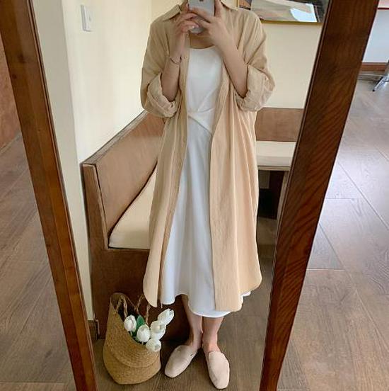 Korean Style Long Over-the-Knee Turn-Down Collar Cardigan Shirt for Women's Spring/Summer Sun Protection